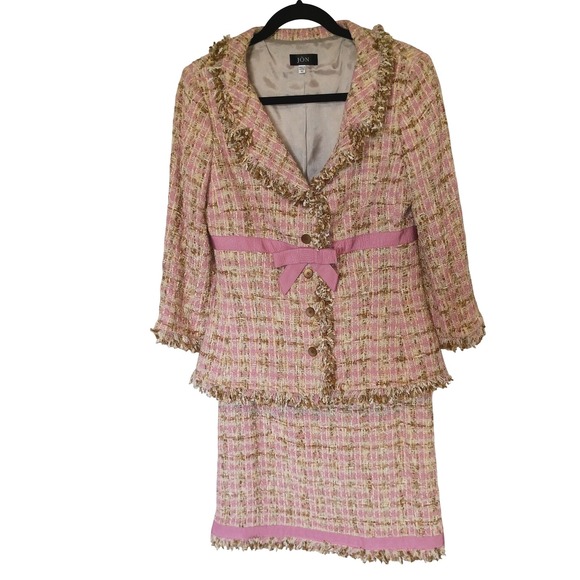 JÔN Pink Tweed Skirt Suit Set Size 10 Fringe Trim Bow Detail 3/4 Sleeve Blazer - Picture 2 of 16